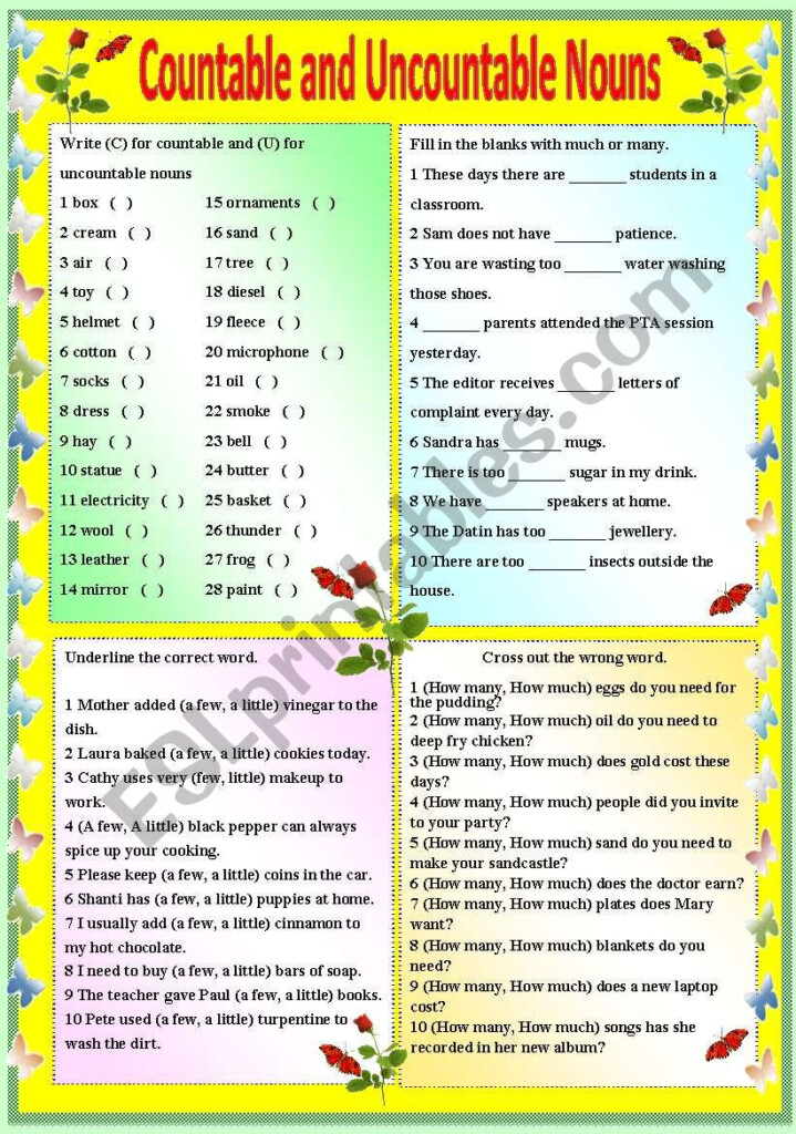 COUNTABLE AND UNCOUNTABLE NOUNS B W VERSION AND ANSWER KEY ESL  - Noun Worksheets With Answer Keys