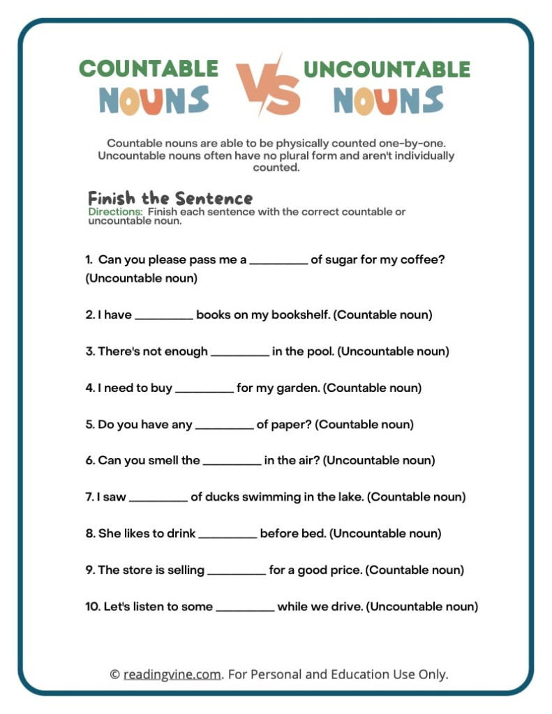 Countable And Uncountable Nouns Worksheets Examples - Countable And Uncountable Nouns Worksheet For Grade 7