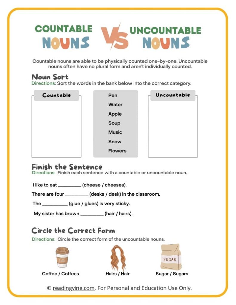 Countable And Uncountable Nouns Worksheets With Answers Printable  - Count And Non-Count Nouns Worksheet With Answers