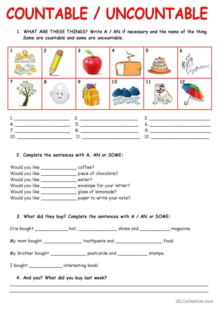 COUNTABLE UNCOUNTABLE NOUNS English ESL Worksheets Pdf Doc - Countable And Uncountable Nouns Worksheet Grade 7