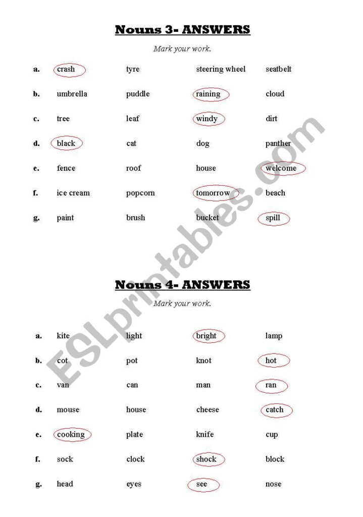 English Worksheets Answers Circle The Noun - Circle The Nouns Worksheets With Answers