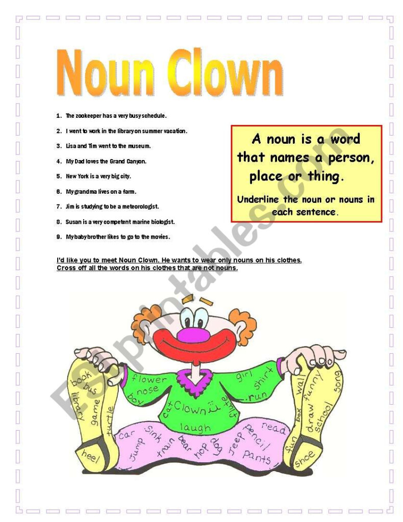 English Worksheets Noun Clown - Clown Is A Noun Worksheet