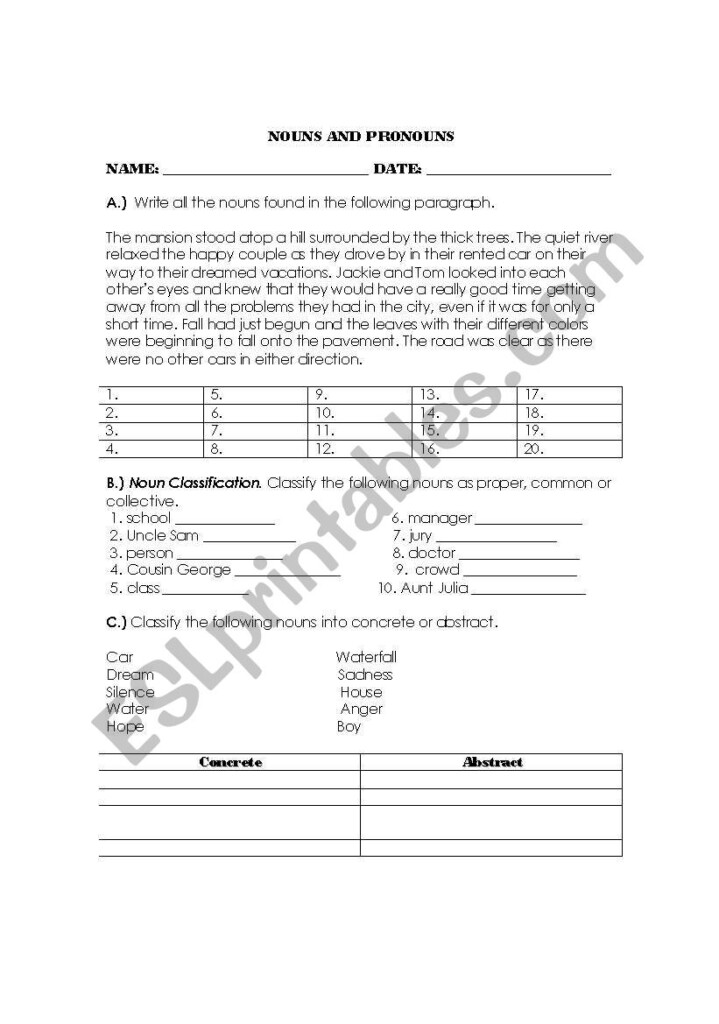 English Worksheets Noun Review - Complete Nouns Review Worksheet