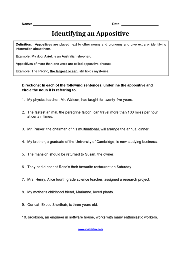 Englishlinx Appositives Worksheets - Appositive Noun Worksheet