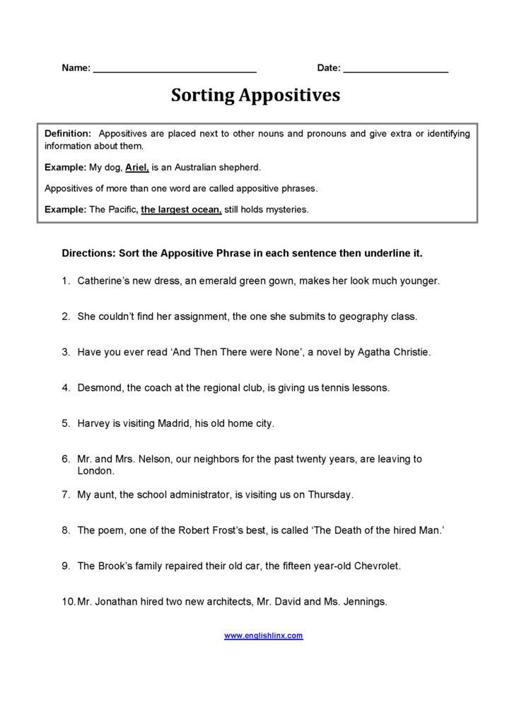 Englishlinx Appositives Worksheets - Appositive Noun Worksheet