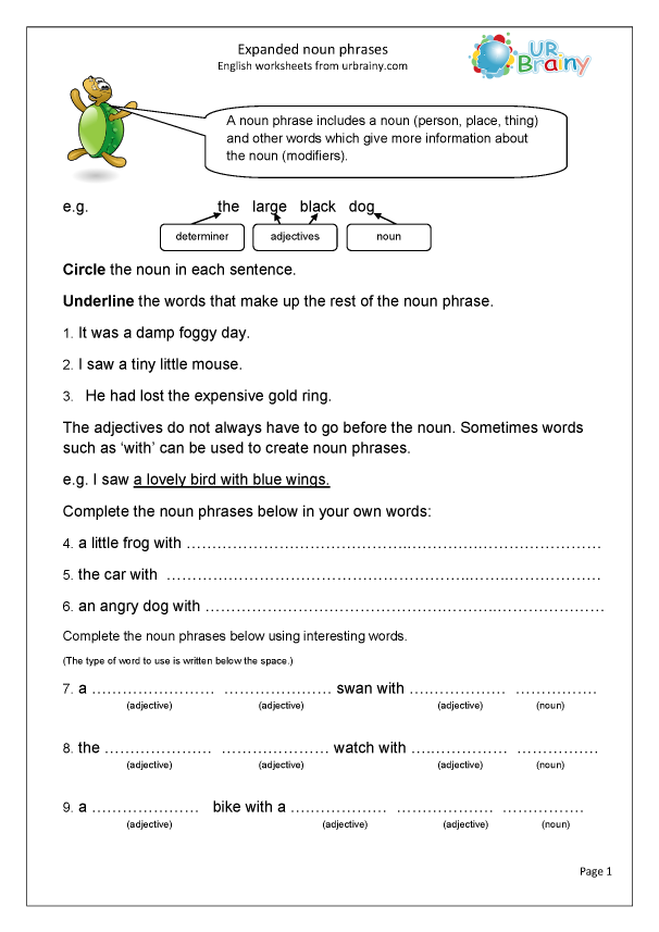 Expanded Noun Phrases Word Classes By URBrainy - Expanded Noun Phrase Worksheet