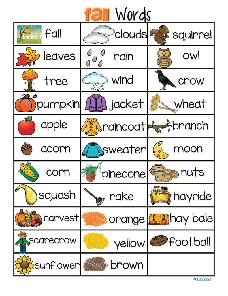 FALL AUTUMN Vocabulary List 32 Words And Pictures FREE Fall Preschool  - Autumn Nouns Worksheet