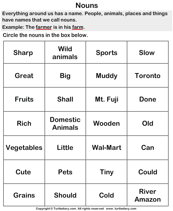 Find And Circle The Nouns Worksheet Turtle Diary - Circle All The Nouns Worksheet