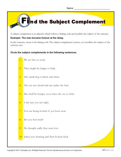 Find The Subject Complement Worksheet - Nouns As Subject Complement Worksheets