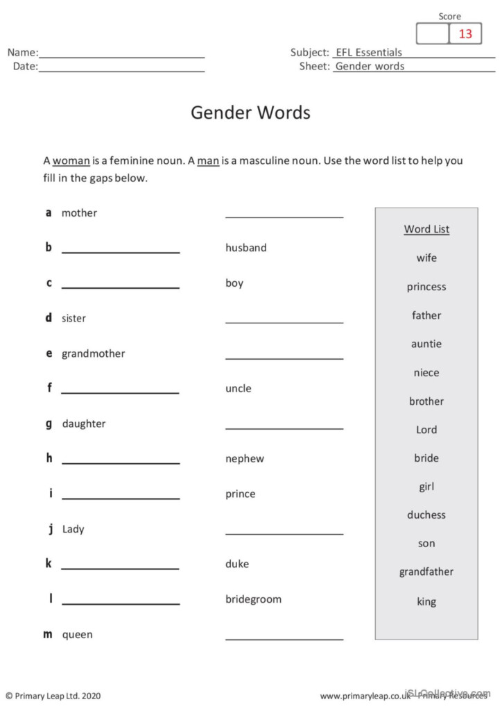 Gender Of Nouns English ESL Worksheets Pdf Doc - Worksheet 1.1 Definite Articles And Gender Of Nouns Answers