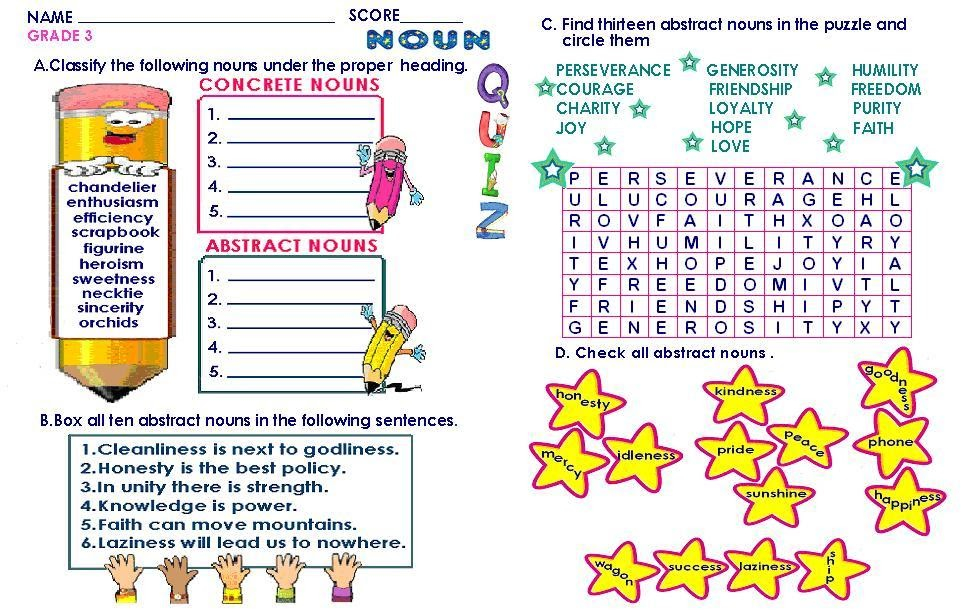 GRAMMAR WORKSHEETS GRADE 3 ABSTRACT CONCRETE NOUNS - 3Rd Grade Concrete And Abstract Nouns Worksheet