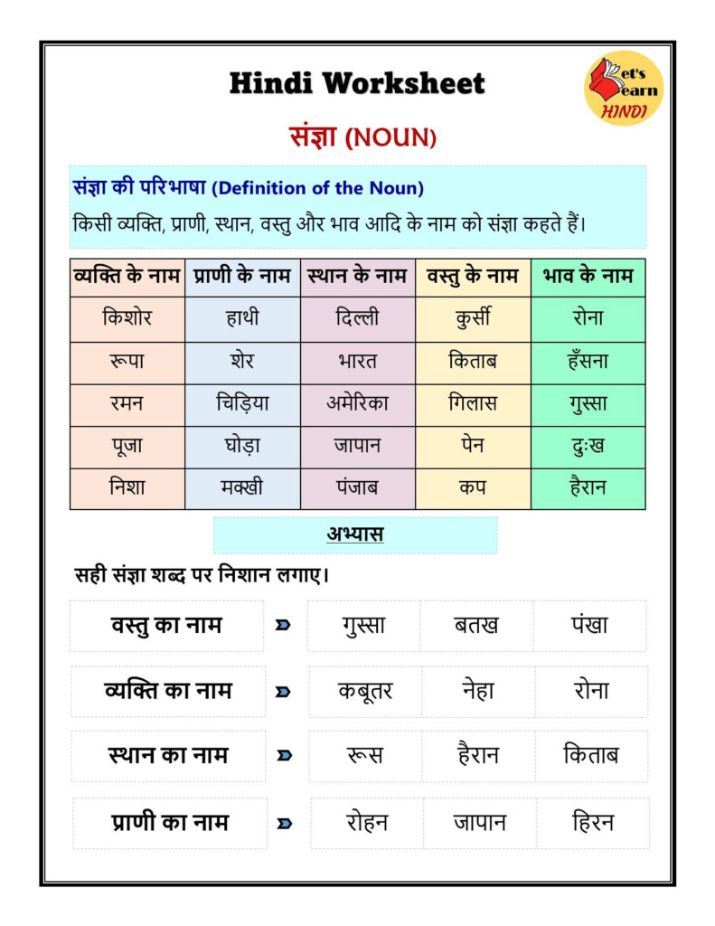 Hindi Noun Worksheet Sangya Hindi Grammar Hindi  - Noun Worksheets For Grade 2 In Hindi