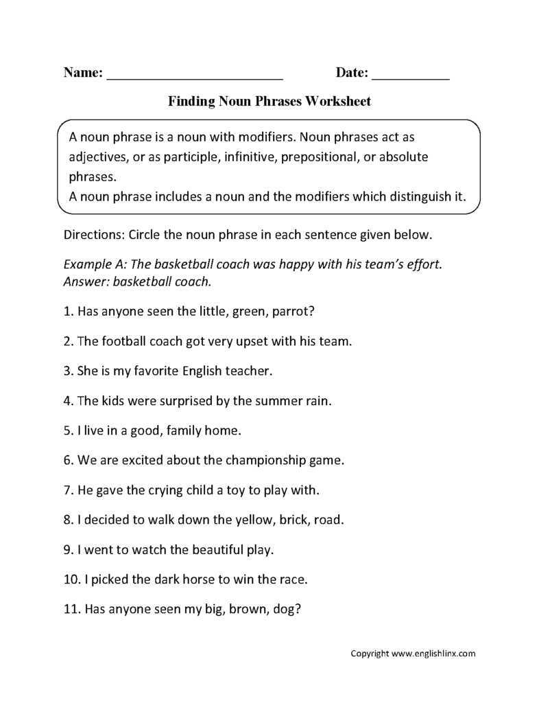 How To Identify A Noun Phrase - Identify Noun Phrases Worksheet