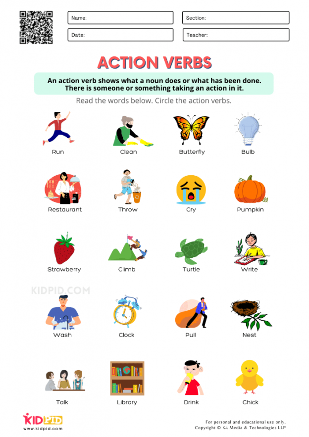 Identify Action Verbs Printable Worksheets For Grade 1 Kidpid - Noun Action Verb Worksheet