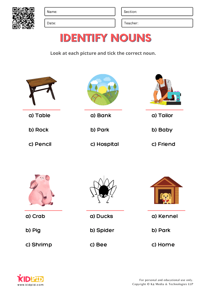 Identify Noun Worksheets For Grade 1 Kidpid - Identify The Noun Worksheets