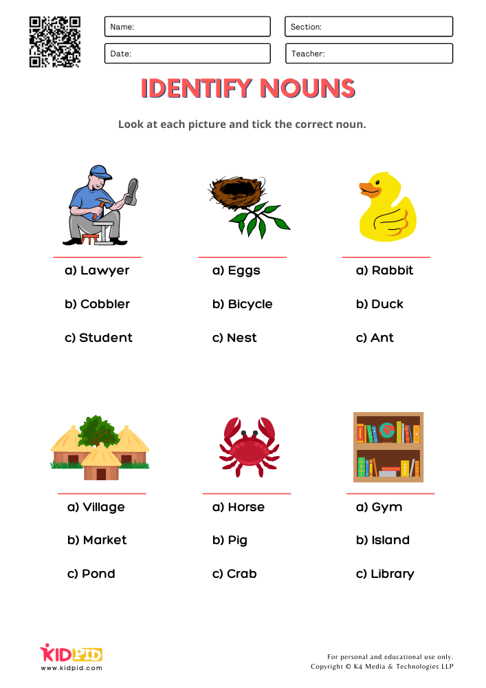 Identify Noun Worksheets For Grade 1 Kidpid - Noun Test Worksheet