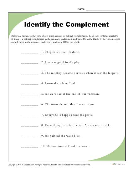 Identify The Complement Worksheet - Nouns As Subject Complement Worksheets