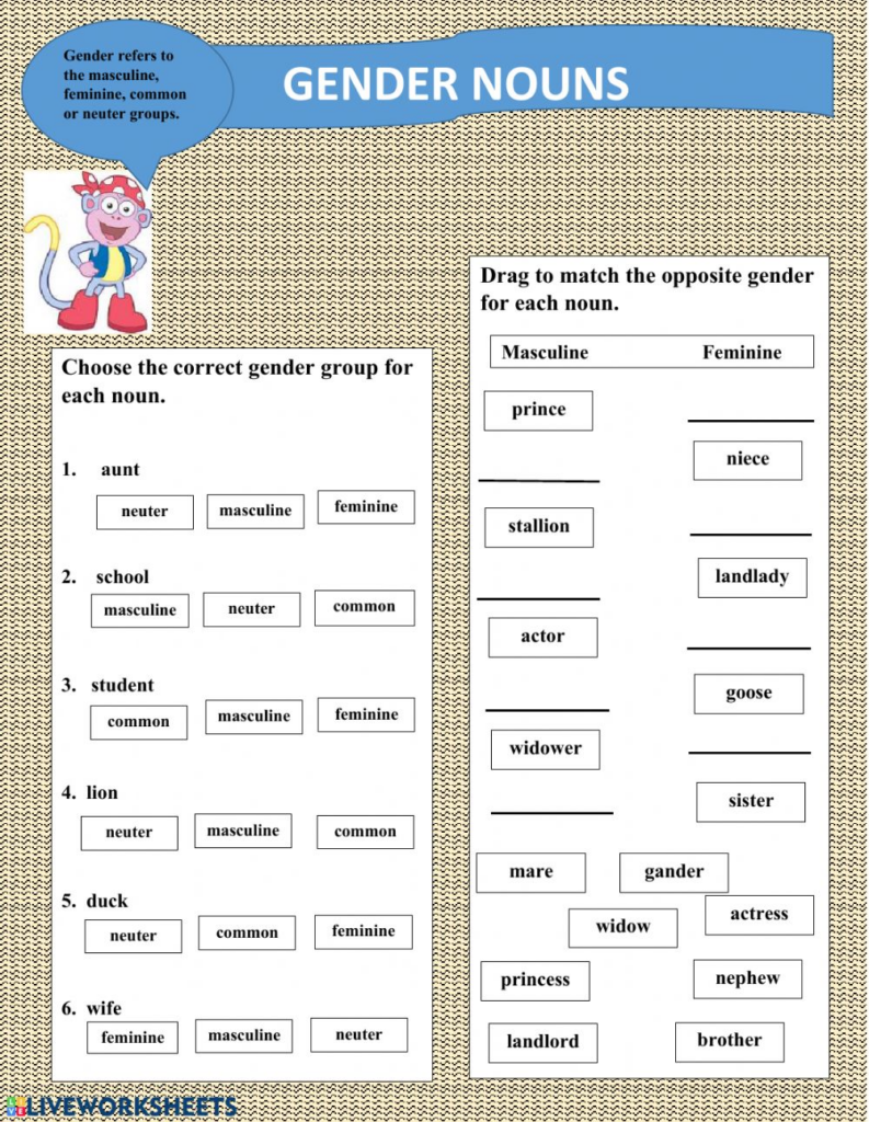 Identifying Nouns Gender Online Worksheet For Grade 3 You Can Do The  - Gender Of Nouns Worksheet For Grade 3