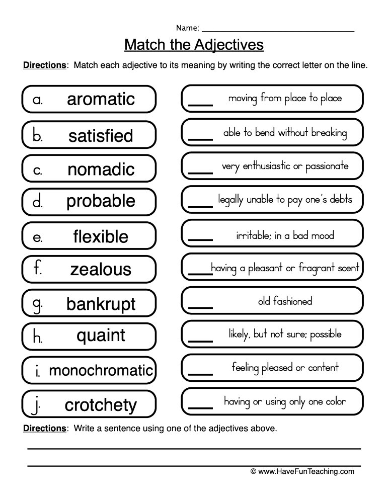 Matching Adjectives Worksheet Have Fun Teaching - Match Adjectives To Nouns Worksheet