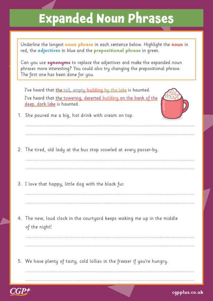 Mixed Grammar Expanded Noun Phrases Year 6 CGP Plus Worksheets  - Noun Phrases Worksheet Year 6