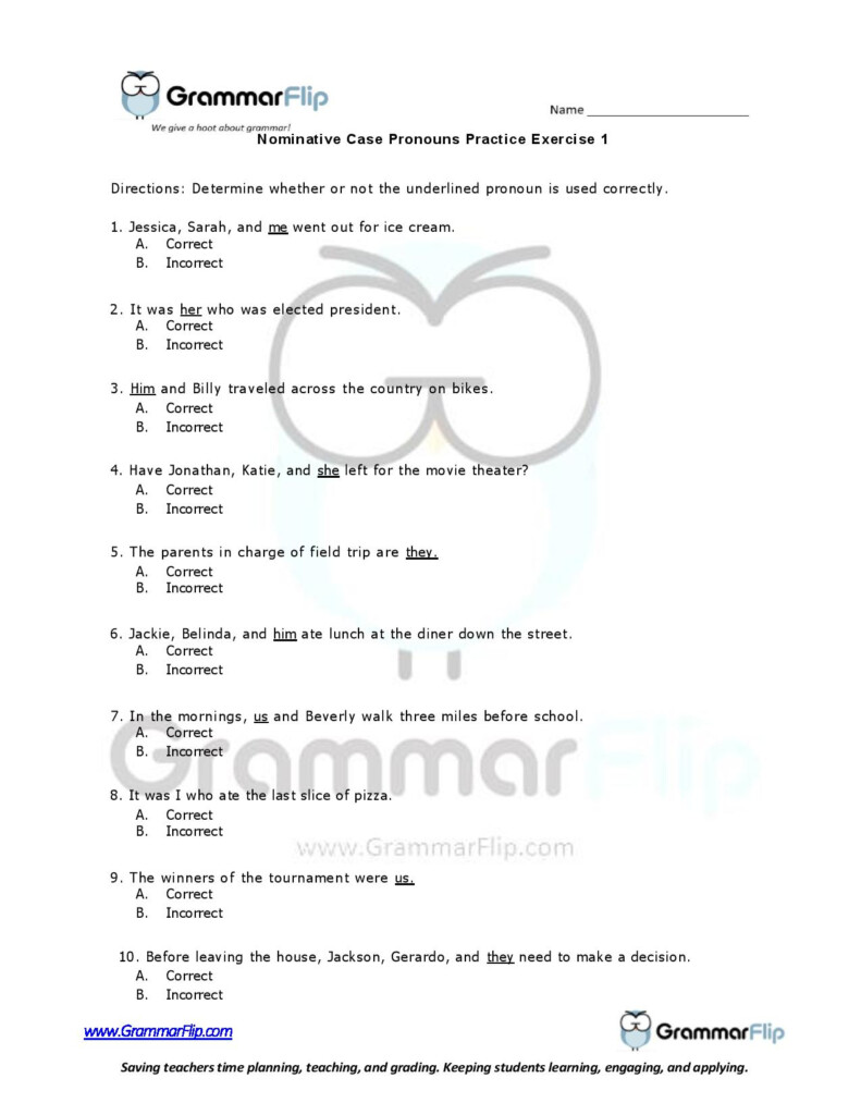 Nominative And Objective Case Pronouns Worksheet - Nominative Case Of Nouns Worksheet