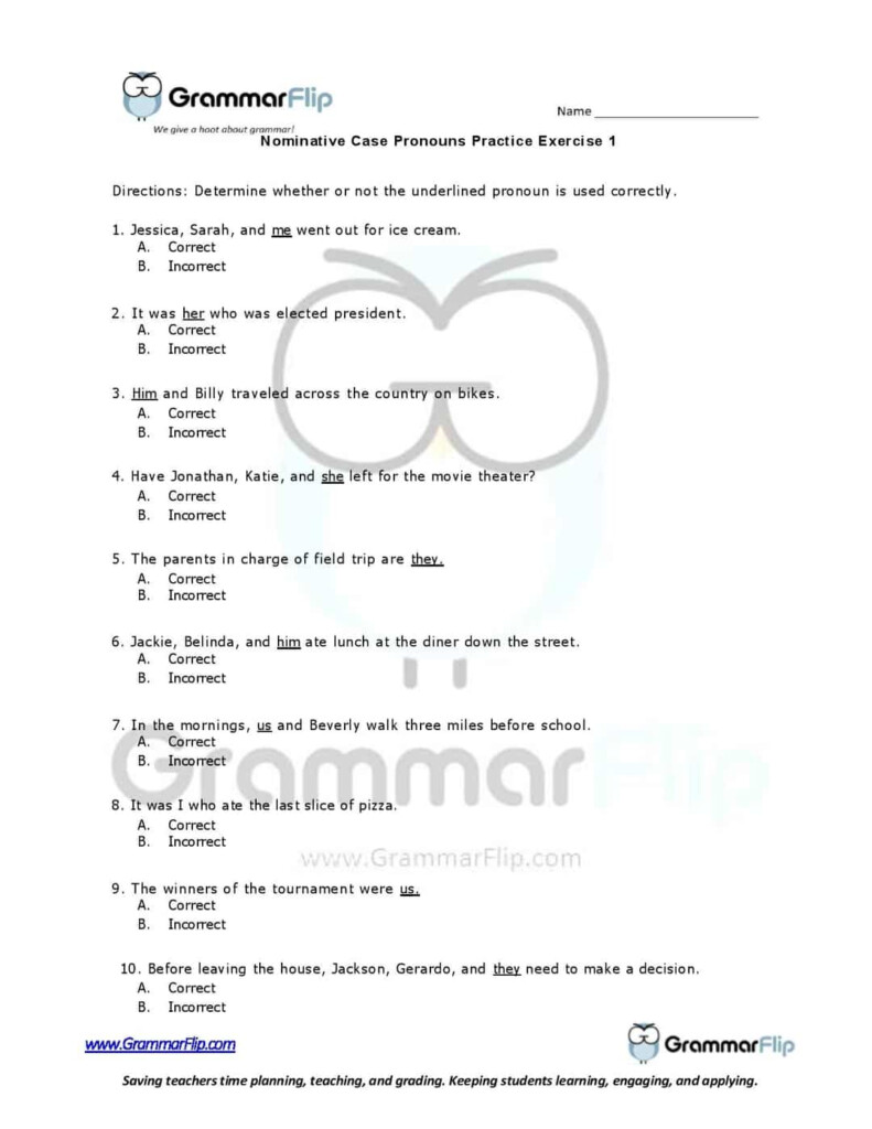 Nominative Case Pronouns Free Worksheet - Nominative Case Nouns Worksheets