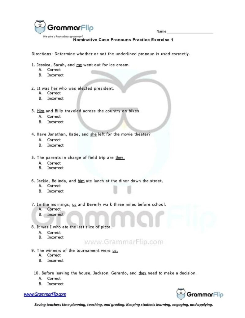 Nominative Case Pronouns Free Worksheet - Nominative Noun Worksheet