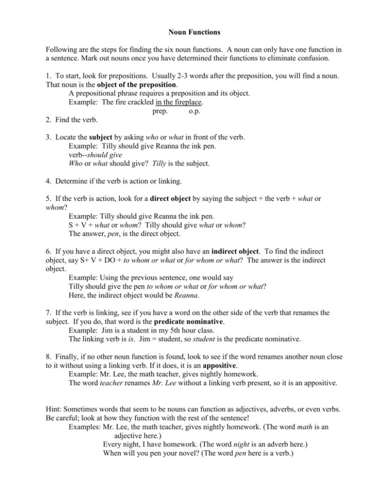 Nominative Functions Of Nouns Worksheets - Functions Of Nouns Worksheets For Grade 4