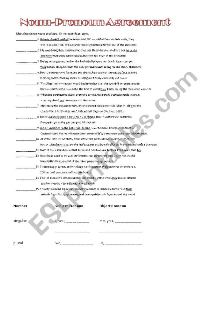 Noun And Pronoun Agreement ESL Worksheet By Alina Morales - Noun Pronoun Agreement Worksheet