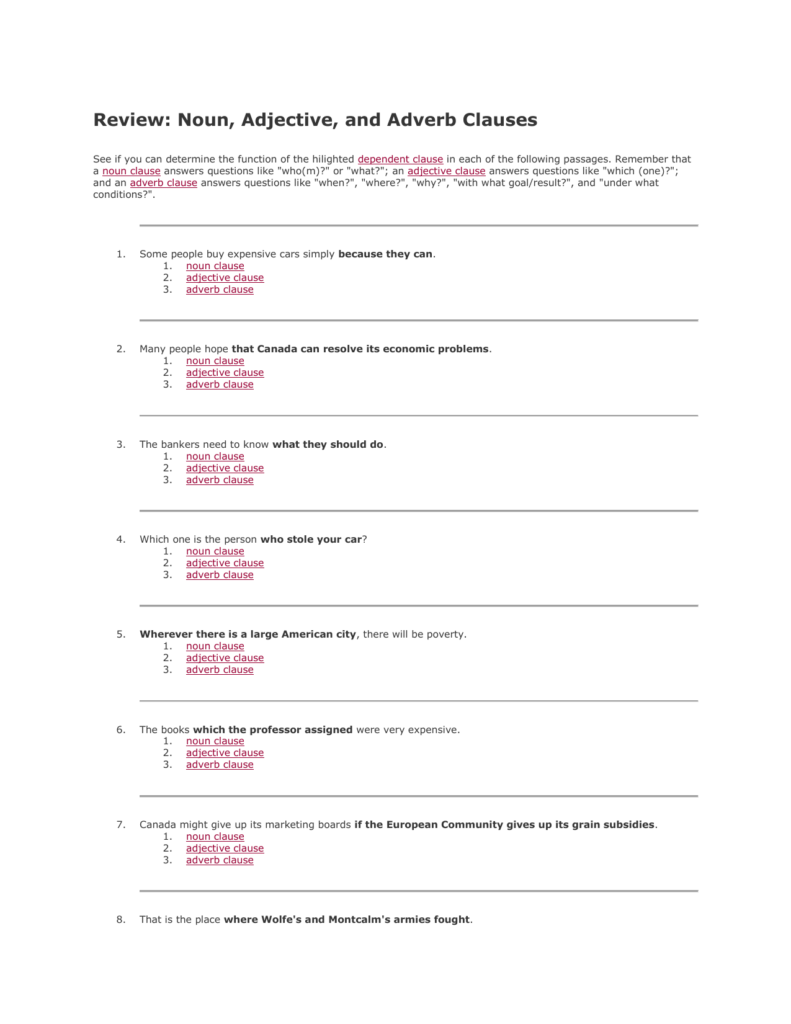 Noun Clause Adjective Clause Adverb Clause Worksheet AdverbWorksheets - Noun Adjective Adverb Clause Worksheet