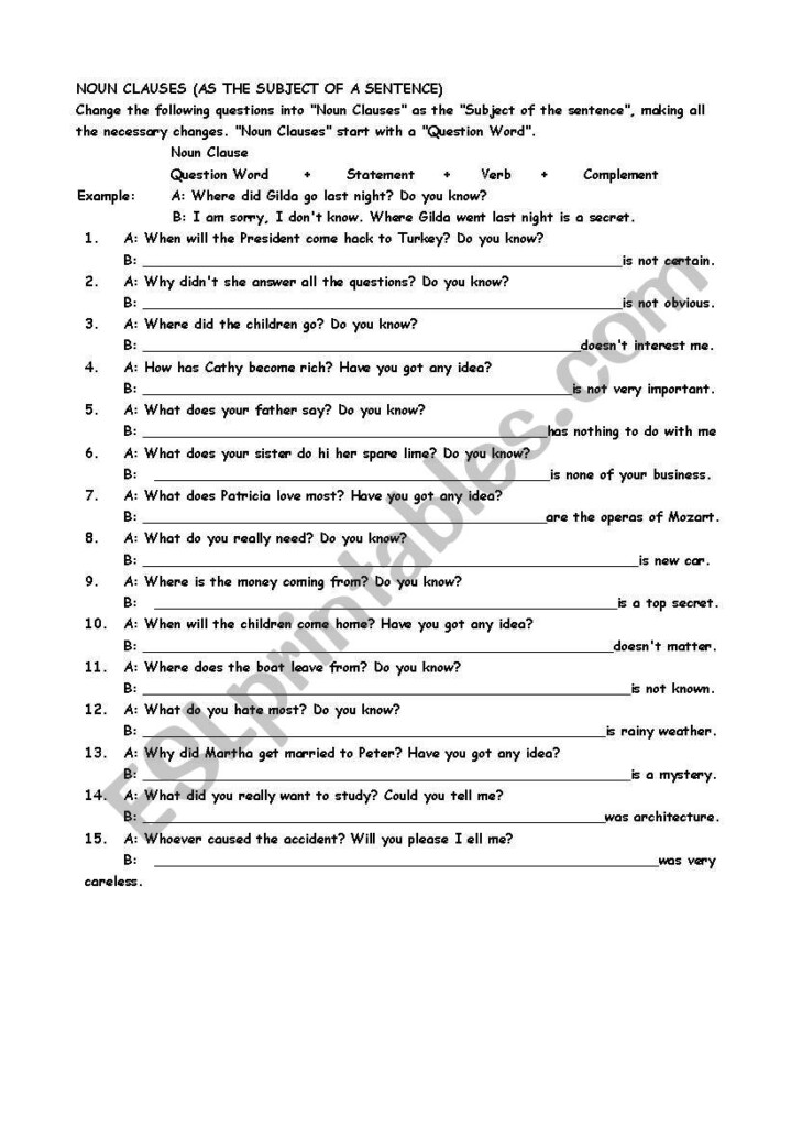 Noun Clause Worksheet With Answers - Noun Clause Worksheet With Answers