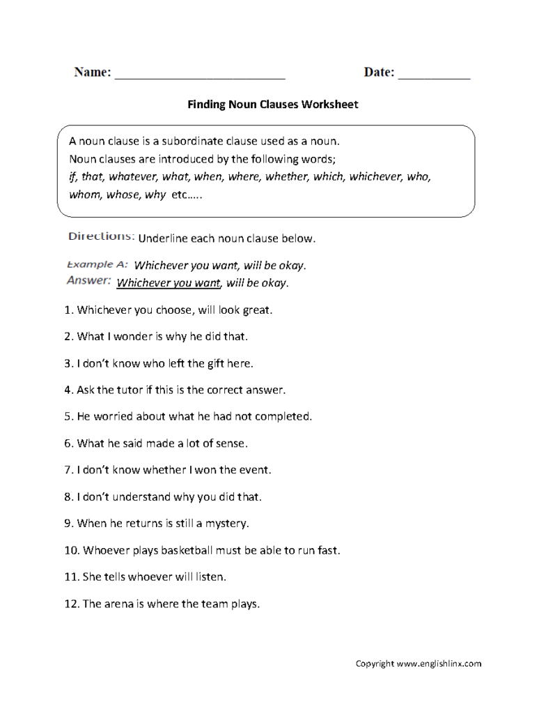 Noun Clauses Worksheet With Answers Pdf - Noun Clauses Worksheet Free