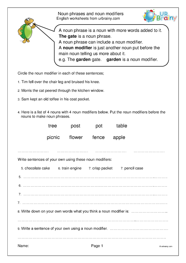 Noun Modifiers Word Classes By URBrainy - Modified Nouns Worksheets