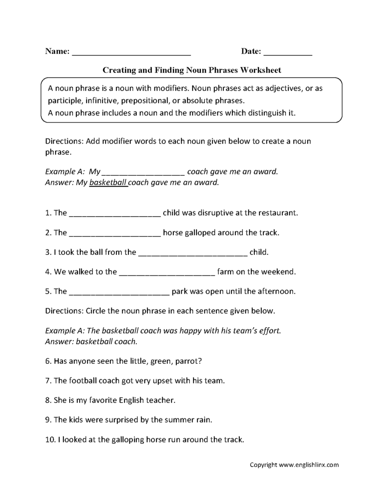 Noun Phrases Worksheet With Answers - Noun Phrase Worksheet With Answers