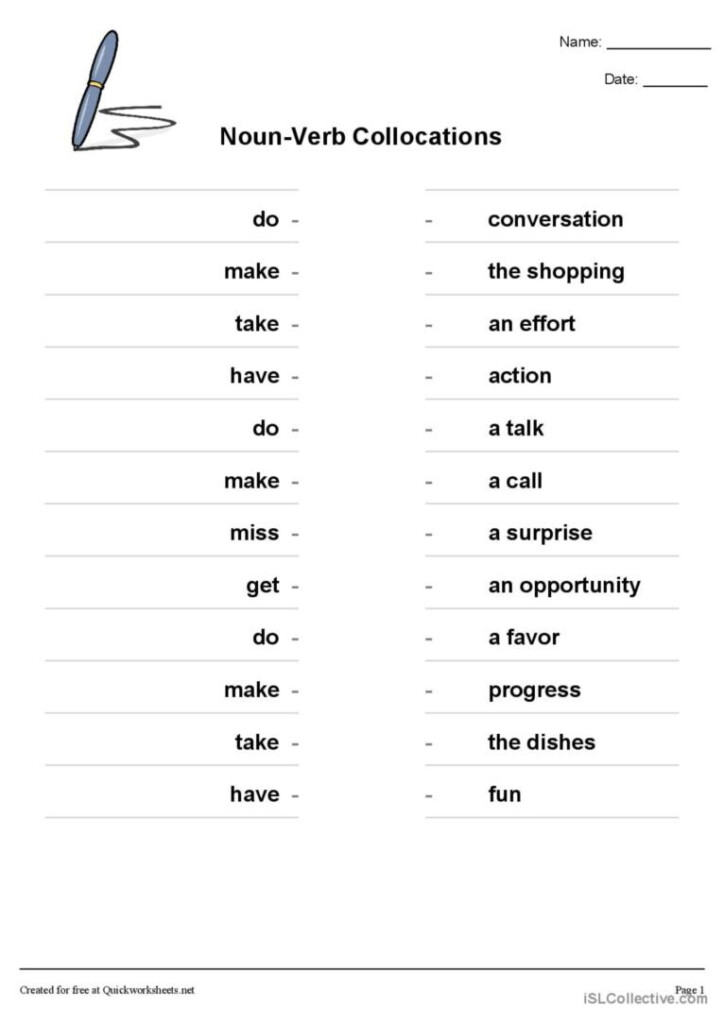 Noun Verb Collocations English ESL Worksheets Pdf Doc - Adjective + Noun Collocations Worksheet Pdf