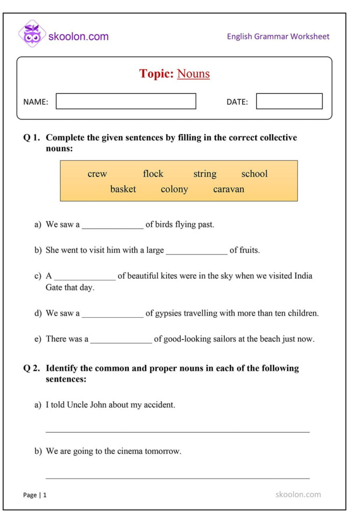 Nouns 4 Skoolon - Functions Of Nouns Worksheets For Grade 4