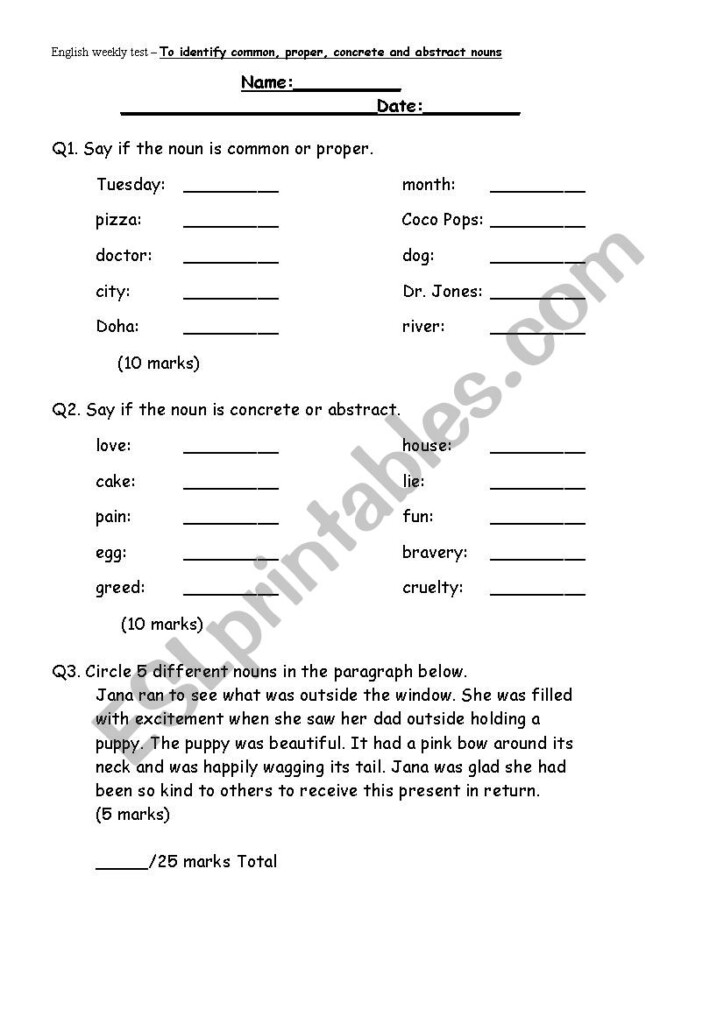 Nouns Test Common proper Concrete abstract ESL Worksheet By  - Common Proper Concrete Abstract Nouns Worksheet