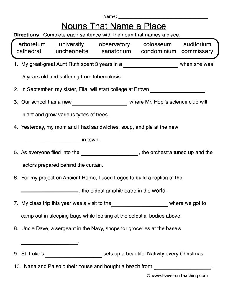 Nouns That Name A Place Worksheet Have Fun Teaching - Nouns For Places Worksheets