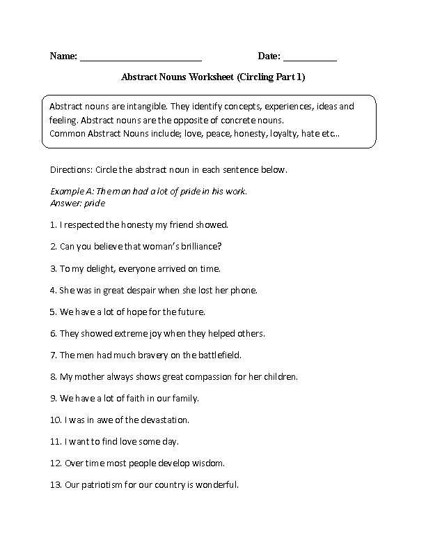 Nouns Worksheets Abstract Nouns Worksheets - Abstract Nouns Worksheet For 8Th Grade