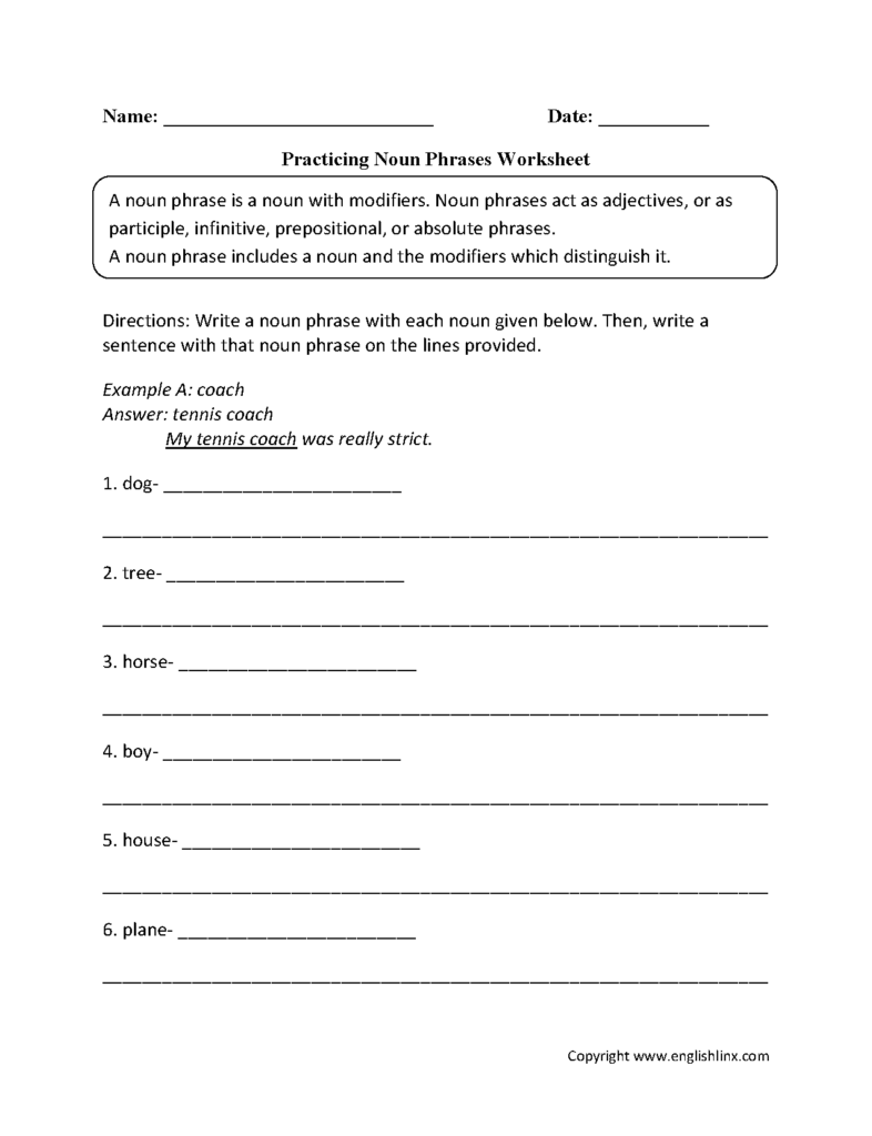 Nouns Worksheets Noun Phrases Worksheets - Noun Phrases Worksheet For Grade 7