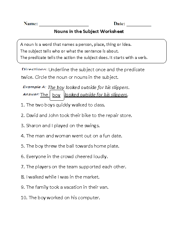 Nouns Worksheets Regular Nouns Worksheets - Nouns As Subjects Worksheets Pdf