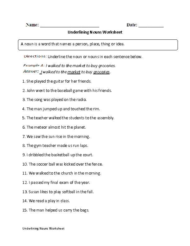 Nouns Worksheets Regular Nouns Worksheets - Underline The Nouns In The Following Sentences Worksheets