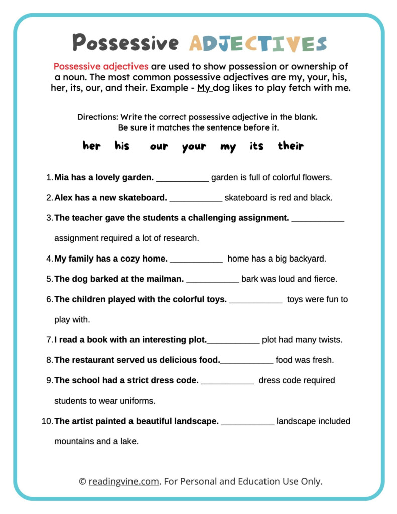 Possessive Adjectives Worksheets ReadingVine - Possessive Adjectives Short Forms And Possession With Nouns Worksheet Answers