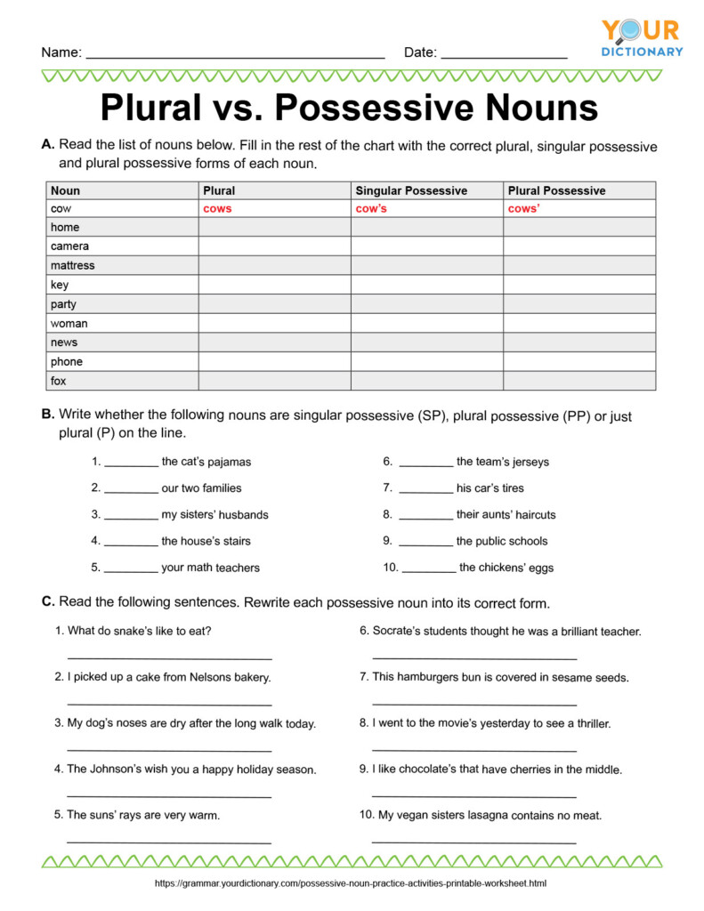 Possessive Noun Practice Activities Printable Worksheet - Plural Vs Possessive Nouns Worksheets