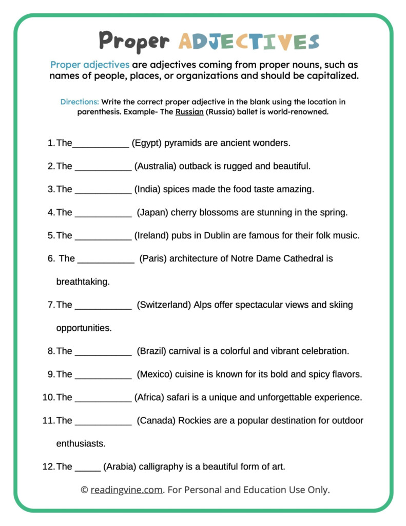 Proper Adjectives Worksheets ReadingVine - Proper Nouns And Proper Adjectives Worksheets