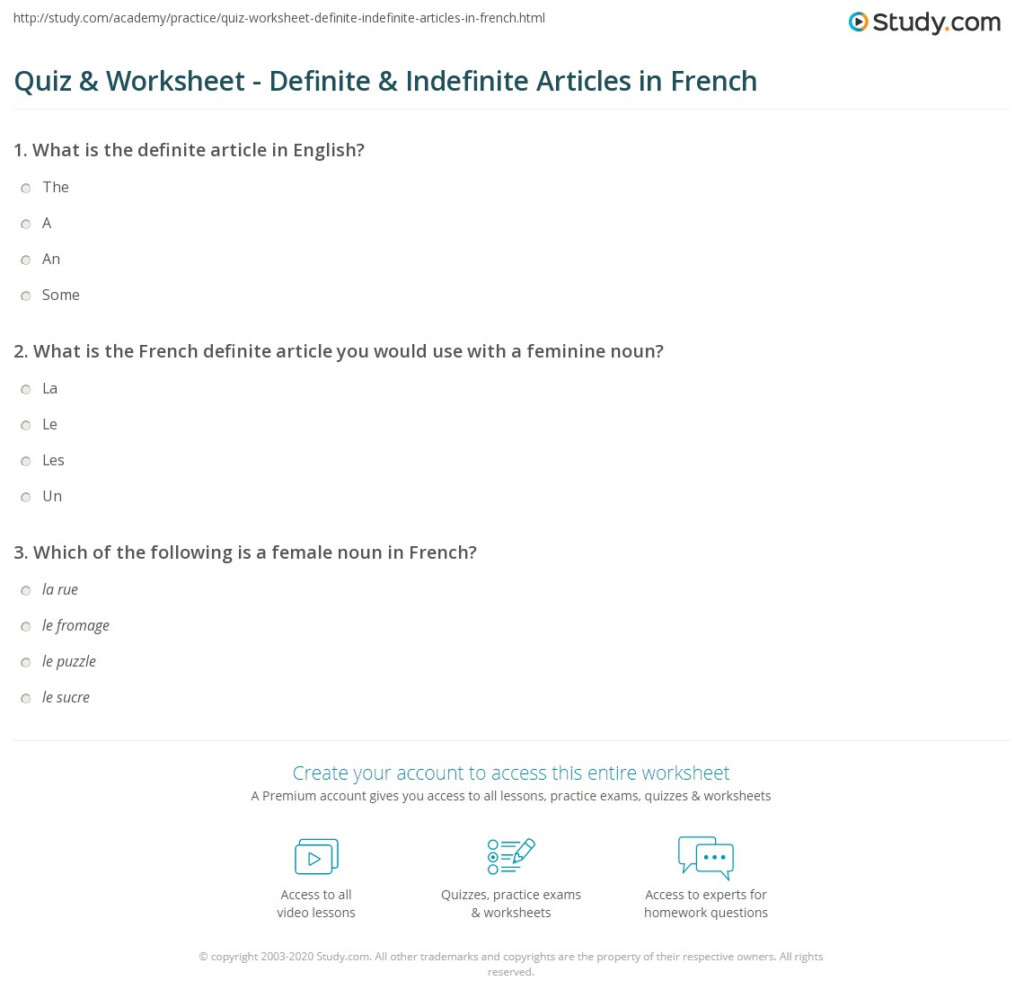 Quiz Worksheet Definite Indefinite Articles In French Study - French Worksheet Indefinite Articles And Plural Of Nouns