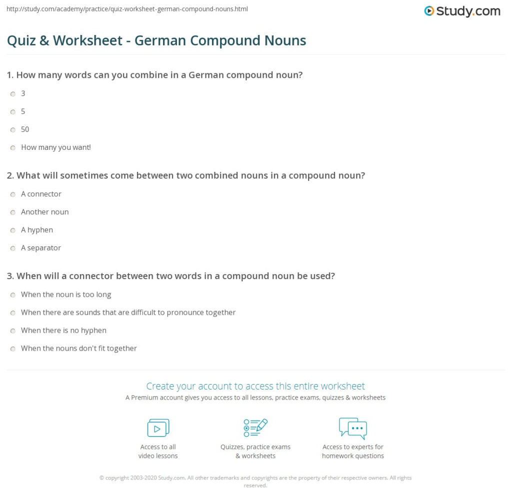 Quiz Worksheet German Compound Nouns Study - German Compound Noun Worksheet