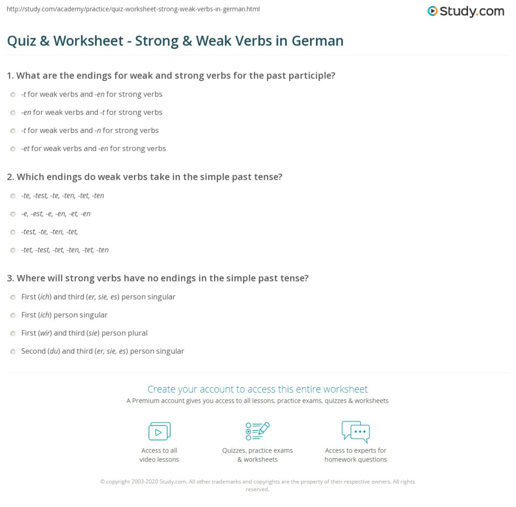 Quiz Worksheet Strong Weak Verbs In German Study - German Weak Noun Worksheet