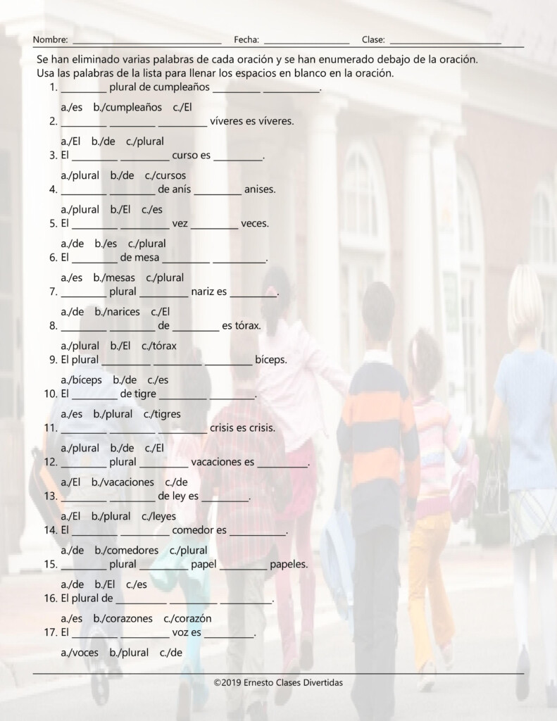 Singular Versus Plural Nouns Missing Words Spanish Worksheet Teaching  - Hay Singular Or Plural Nouns Sanish Worksheet