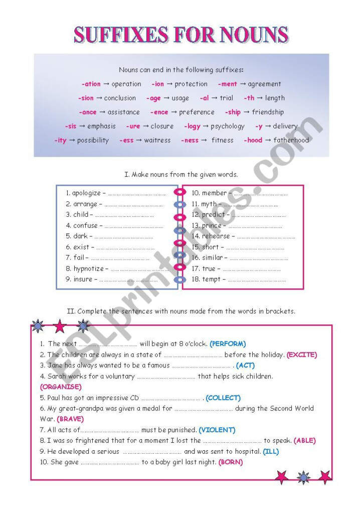 SUFFIXES FOR NOUNS ESL Worksheet By Eveline10 - Noun Suffixes Worksheet Part 1